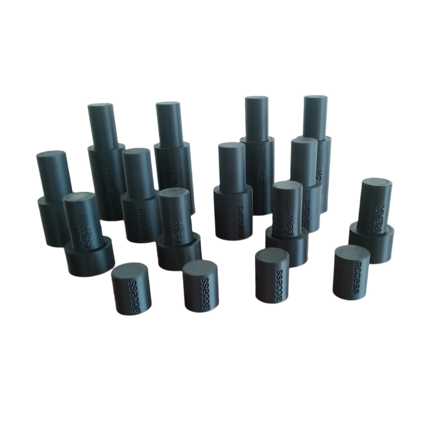 Range Rover P38 Calibration blocks EAS air suspension LRT-60-003 — This is a set of height blocks for calibration of the level sensors on the Range Rover P38 Calibration blocks EAS air suspension LRT-60-003 The diameter that goes into the bumpstop is 30mm and the big diameter to support to the flange of the bumpstops is 45mm. Part Number: LRT-60-003 HIGH 2x 145mm rear 2x 140mm front STANDARD 2x 105mm rear 2x 100mm front LOW 2x 80mm rear 2x 75mm front ACCESS 2x 40mm rear 2x 35mm front Warnig: USE AT OWN RIS…