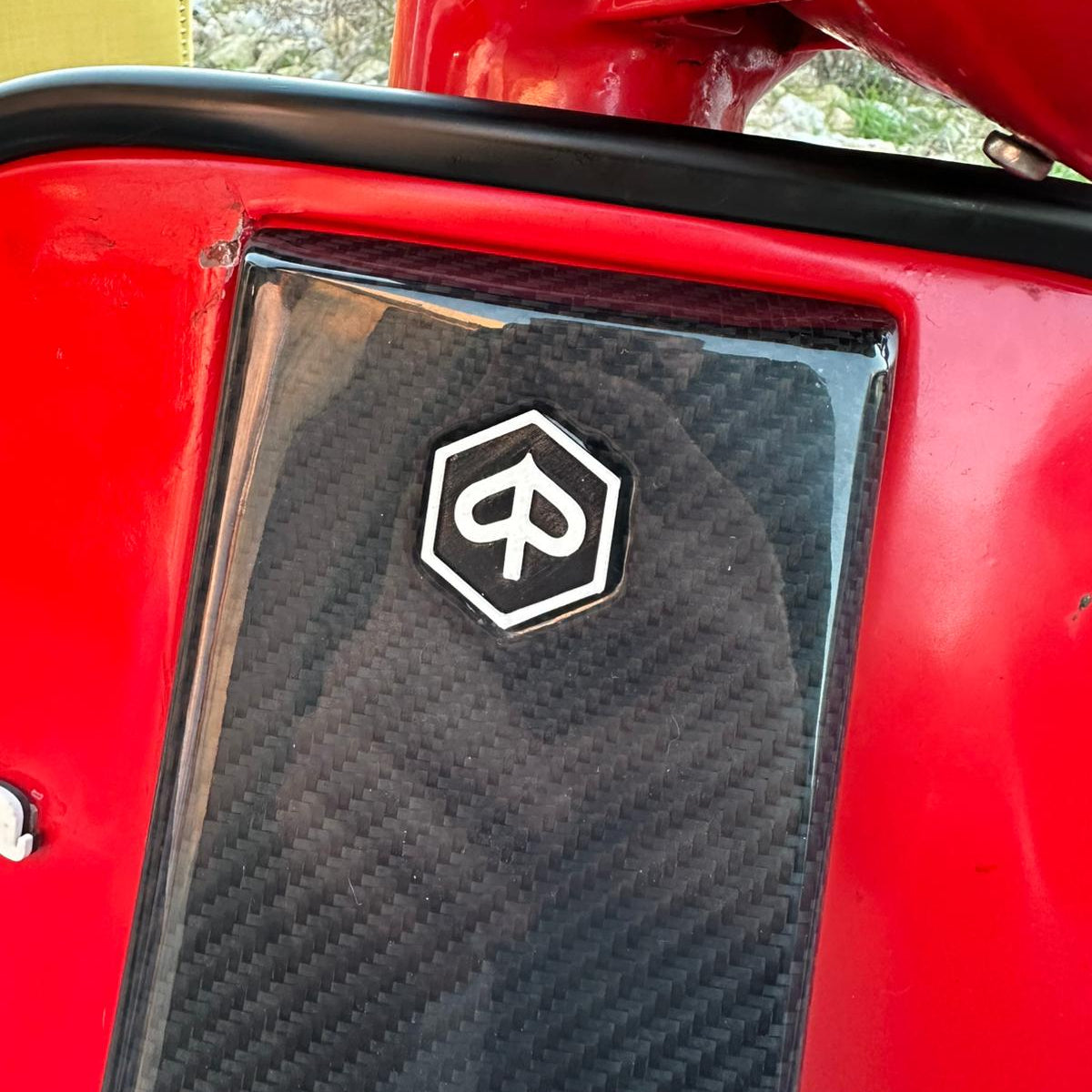Vespa P200E Front Logo Badges — Vespa P200E logo badges designed for late 70s and early 80s scooters.