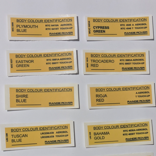 Range Rover Body Colour Identification Sticker — These classic Land Rover / Range Rover paint code decals feature authentic OEM-style layouts with original RTC, STC and LRC aerosol and touch-up references, making them ideal for restoration, concours detailing, garage displays and collector use. OEM-style paint decals remain highly sought after in the Range Rover Classic restoration market. Available colours and sticker part numbers include: Avalon Blue — MXC 0575 — STC 1448A / STC 1448T Caspian Blue — MUC…