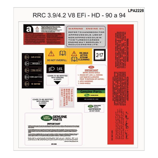 Range Rover Classic Engine Bay Sticker Kit — 3.9 and 4.2 V8 (Hard Dash) — Restore the authenticity and detail of your Range Rover Classic with this high-quality engine bay sticker kit , tailored to match factory specifications. Each set includes accurately reproduced labels and decals found in the engine compartment, essential for restorations, or maintaining originality.