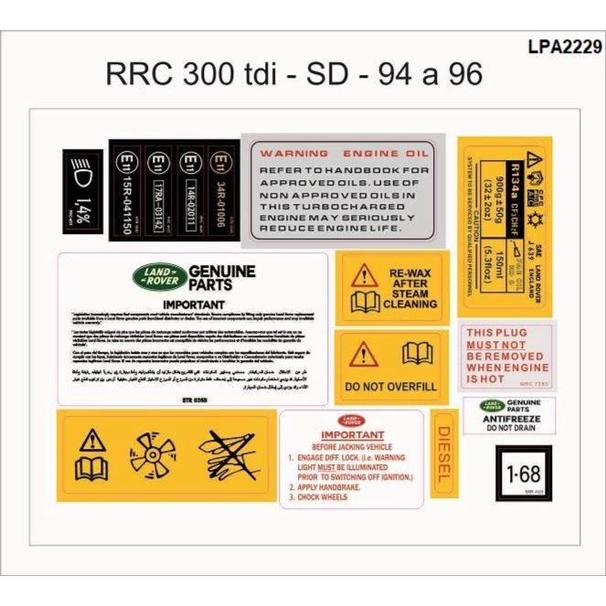 Range Rover Classic Engine Bay Sticker Kit — 300Tdi — Restore the authenticity and detail of your Range Rover Classic with this high-quality engine bay sticker kit , tailored to match factory specifications. Each set includes accurately reproduced labels and decals found in the engine compartment, essential for restorations, or maintaining originality.