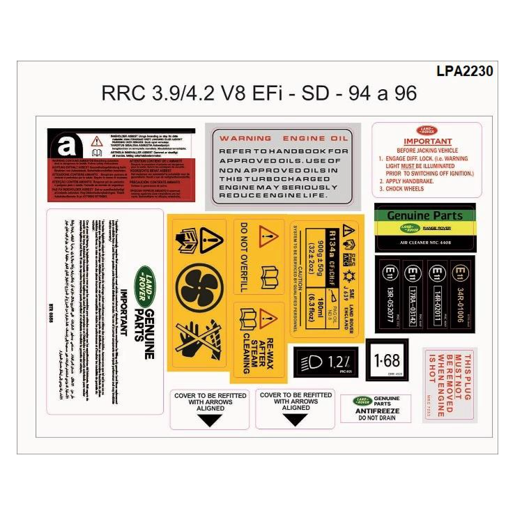 Range Rover Classic Engine Bay Sticker Kit — 3.9 and 4.2 V8 (Soft Dash) — Restore the authenticity and detail of your Range Rover Classic with this high-quality engine bay sticker kit , tailored to match factory specifications. Each set includes accurately reproduced labels and decals found in the engine compartment, essential for restorations, or maintaining originality.