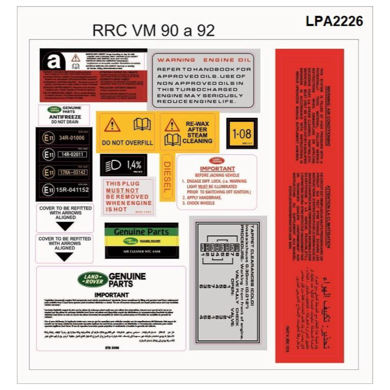 Range Rover Classic Engine Bay Sticker Kit — VM (2.4L/2.5L Diesel Engine) — Restore the authenticity and detail of your Range Rover Classic with this high-quality engine bay sticker kit , tailored to match factory specifications. Each set includes accurately reproduced labels and decals found in the engine compartment, essential for restorations, or maintaining originality.