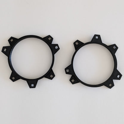 Speaker Adapters for Smart 450 — Adapter for converting the 10 cm 3-hole to 10 cm 4-hole speakers in a Smart 450 (10/2000+). The existing 10 cm speakers in the vehicle have three mounting holes but replacement speakers have four.