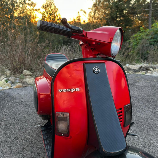 Vespa P200E Front Logo Badges — Piaggio, Vespa — Vespa P200E logo badges designed for late 70s and early 80s scooters.