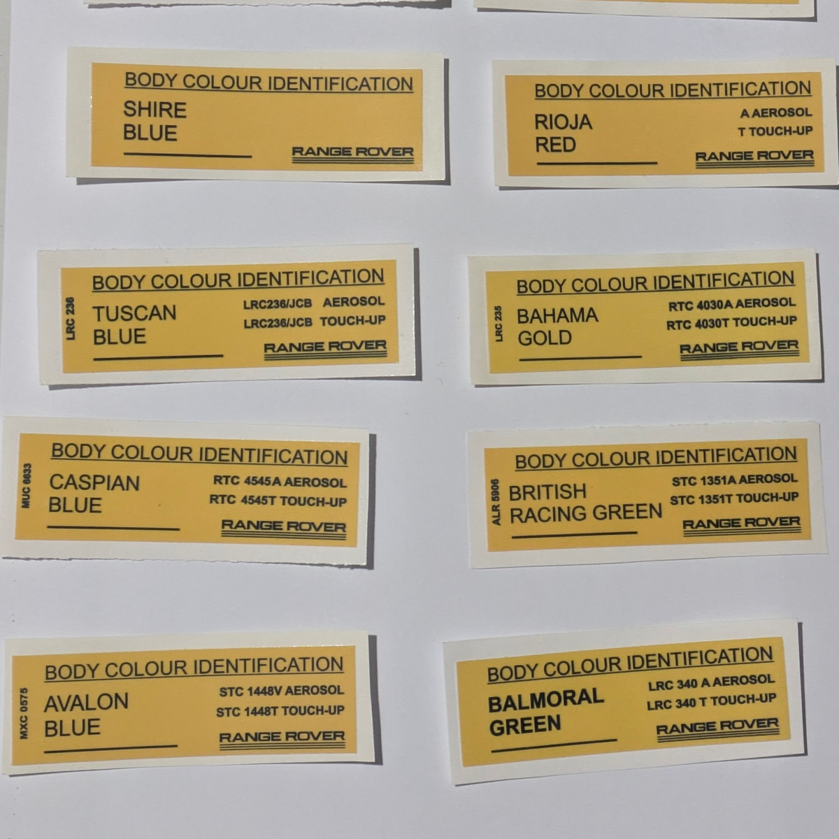 Range Rover Body Colour Identification Sticker — These classic Land Rover / Range Rover paint code decals feature authentic OEM-style layouts with original RTC, STC and LRC aerosol and touch-up references, making them ideal for restoration, concours detailing, garage displays and collector use. OEM-style paint decals remain highly sought after in the Range Rover Classic restoration market. Available colours and sticker part numbers include: Avalon Blue — MXC 0575 — STC 1448A / STC 1448T Caspian Blue — MUC…