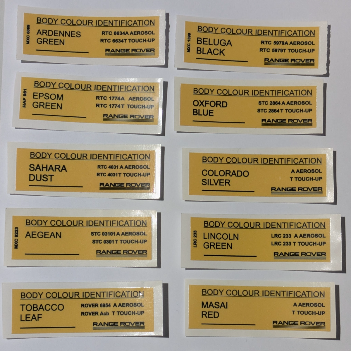 Range Rover Body Colour Identification Sticker — These classic Land Rover / Range Rover paint code decals feature authentic OEM-style layouts with original RTC, STC and LRC aerosol and touch-up references, making them ideal for restoration, concours detailing, garage displays and collector use. OEM-style paint decals remain highly sought after in the Range Rover Classic restoration market. Available colours and sticker part numbers include: Avalon Blue — MXC 0575 — STC 1448A / STC 1448T Caspian Blue — MUC…