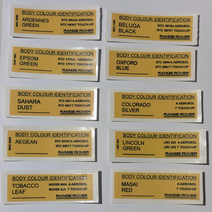 Range Rover Body Colour Identification Sticker — These classic Land Rover / Range Rover paint code decals feature authentic OEM-style layouts with original RTC, STC and LRC aerosol and touch-up references, making them ideal for restoration, concours detailing, garage displays and collector use. OEM-style paint decals remain highly sought after in the Range Rover Classic restoration market. Available colours and sticker part numbers include: Avalon Blue — MXC 0575 — STC 1448A / STC 1448T Caspian Blue — MUC…