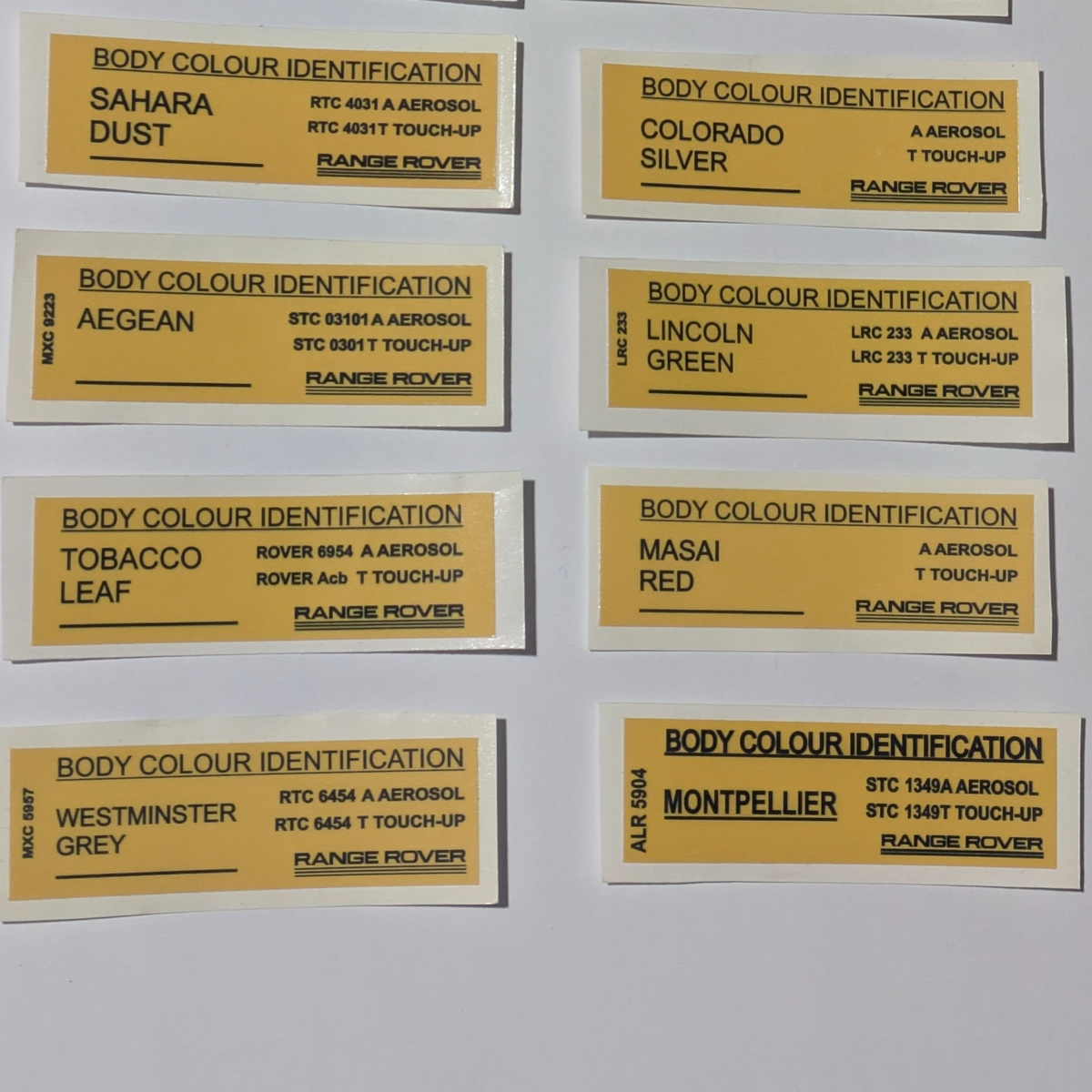 Range Rover Body Colour Identification Sticker — These classic Land Rover / Range Rover paint code decals feature authentic OEM-style layouts with original RTC, STC and LRC aerosol and touch-up references, making them ideal for restoration, concours detailing, garage displays and collector use. OEM-style paint decals remain highly sought after in the Range Rover Classic restoration market. Available colours and sticker part numbers include: Avalon Blue — MXC 0575 — STC 1448A / STC 1448T Caspian Blue — MUC…