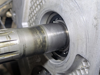 R380 gearbox seal installer / LRT-37-014 — Output shaft seal installer tool. Seal must NOT be pressed fully in, because there is oil hole behind (as you can see on photo). Works even with the ring installed. Internal grooves prevent the shaft from rotating during tightening. Requires an M12x30 bolt and washer. Simply hold the body and tighten the bolt to easily press the new seal into place.